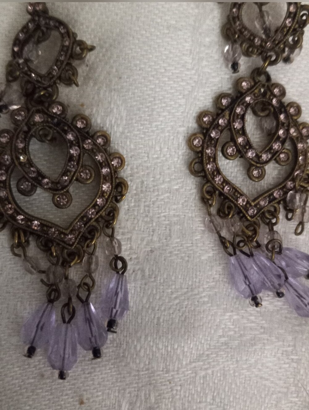 Neiman Marcus Antique Bronze-Tone Filigree Drop Earrings with Mauve Lilac Beads